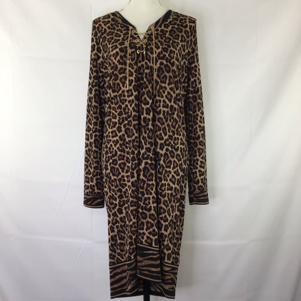 MICHAEL KORS WOMEN LEOPARD/ TIGER SHEATH LONG-SLEEVE DRESS SIZE L GOLD CHAIN
